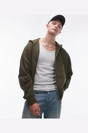 Topman Oversized hættetrøje med gennemgående lynlås i kakigrøn