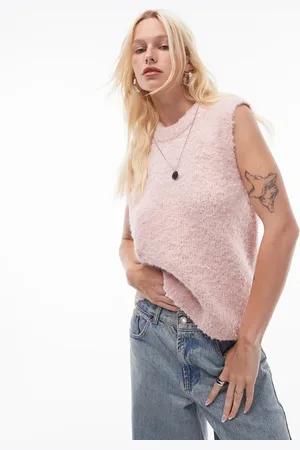 Topshop Strikket lyserød vest med rund hals i bouclé