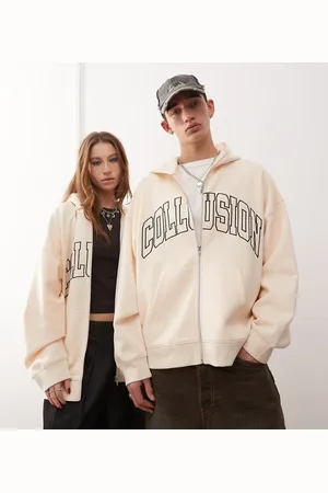 COLLUSION Unisex - Beige hættetrøje med lynlås og collegebroderi-Hvid