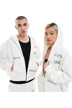 Weekday Unisex - Råhvid hættetrøje med grafisk broderi i firkantet pasform - Del af sæt - Kun hos ASOS