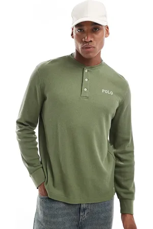 Ralph Lauren Olivengrønne henley-T-shirt med lange ærmer og vaffeltekstur