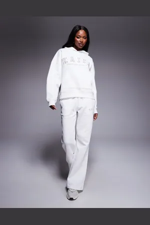Kaiia Hvid og sandfarvet og oversized hættetrøje med broderet logo - Del af sæt
