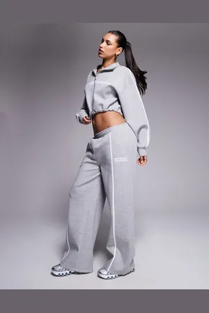 ASOS Weekend Collective - Gråmelerede joggingbukser med vide ben og stribede detaljer i scuba-stof - Del af sæt