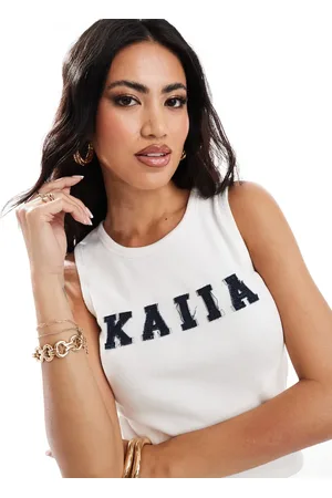 Kaiia Longline-top med applikationslogo i denim