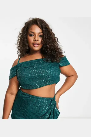 Jaded Rose Smaragdgrøn offshoulder-croptop med pailletter - Del af sæt