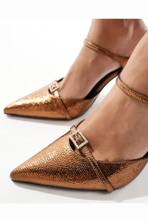 Simmi London SIMMI London - Gretta - Bronzefarvede spidse mules med høj hæl og udsmykkede spænder-Brun