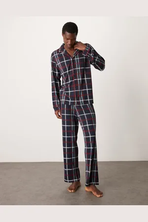 Urban Threads Marineblåt sæt med langærmet skjorte og bukser med tern i polyester