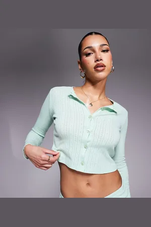 Kaiia Mintgrøn pyjamastop i pointelle-strik med knapper - Del af sæt - Kun hos ASOS