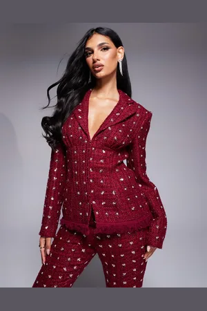 ASOS Blazer med udsmykninger og kanter i imiterede fjer i bouclé - Del af sæt-Rød