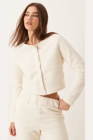 New Look Cremehvid og cropped cardigan i imiteret lammeskind - Del af sæt