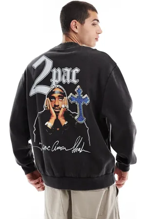 ASOS Unisex - Forvasket sort og oversized sweatshirt med officielt Tupac-print