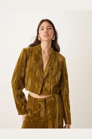 River Island Olivengrøn cropped blazer i velour - Del af sæt