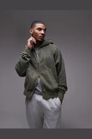 Topman Premium - Kraftig og oversized hættetrøje i syrevask med lynlås-Grøn