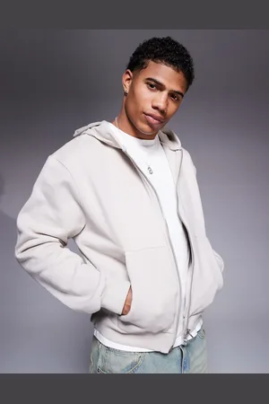 ASOS Premium - Beige og oversized hættetrøje i kraftigt 400 gsm materiale med firkantet pasform og lynlås-Neutral