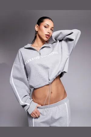 ASOS Weekend Collective - Gråmeleret sweatshirt med halv lynlås og striber i scuba-stof - Del af sæt