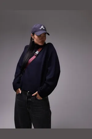 ARKET Marineblå uldsweater med høj hals og brede kanter