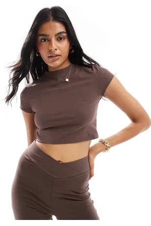Miss Selfridge Kortærmet croptop i chokoladebrun - Del af sæt