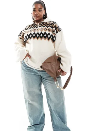 ASOS ASOS DESIGN Curve - Trøje i plys med halv lynlås og fairisle-mønster-Multifarvet