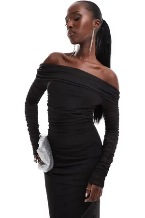 Flounce London Bardot-maxikjole med rynker i mesh- og jerseyblanding