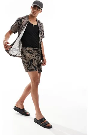 South Beach Sorte strandshorts med beige palmebladsprint - Del af sæt-Multifarvet