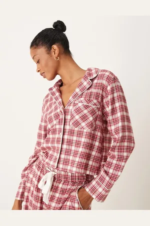 Abercrombie & Fitch Rød og grøn cropped pyjamasskjorte med skotsktern - Del af sæt