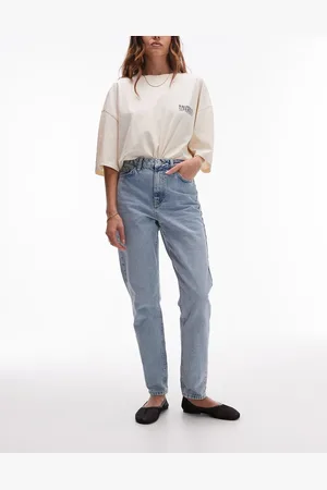 Topshop Afblegede højtaljede Original Mom-jeans-Blå