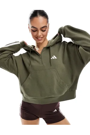 adidas Essentials - Grøn hættetrøjer med kort lynlås med 3 striber i french terry