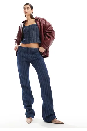 Lioness Lavtaljede jeans med svaj og nålestriber i mørkeblå denim - Del af sæt-Marineblå