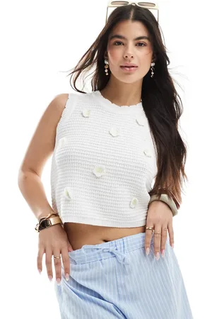 Brave Soul Hæklet tanktop med rund hals og marguerit-detaljer