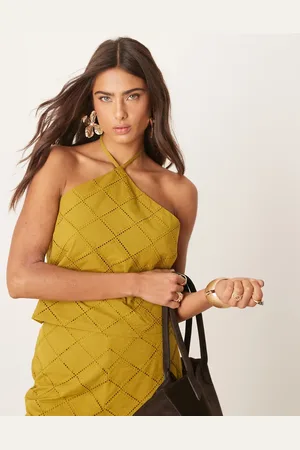 ASOS Olivengrøn croptop med halterneck og geometrisk hulmønster - Del af sæt