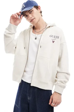 Guess Grå-nistret unisex-hættetrøje med stablet logo og lynlås