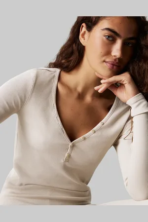Calvin Klein Modern Rib - loungesæt med henley-top med knapper og leggings-Neutral