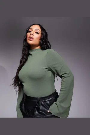 ASOS ASOS DESIGN Curve - Kakigrøn ribstrikket bodystocking med ærmer med svaj