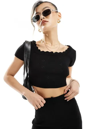 Fashionkilla Croptop med blondekant i pointelle-strik - Del af sæt
