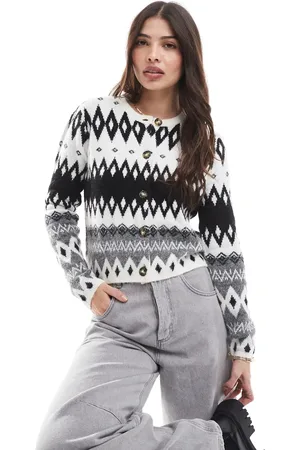 Threadbare Og hvid cardigan med fairisleprint og knapper