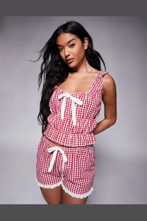 River Island Rødt loungewear-sæt med gingham-tern bestående af shorts og camitop