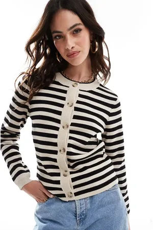 Object Cremehvid og sort stibet strikket cardigan med knapper