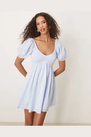 Kiss The Sky Blå og hvid babydoll-minikjole med rynker-Multifarvet