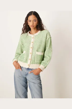 Y.A.S Birkehvid strikket cardigan med knapper og grøn detalje