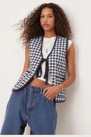 Free People Claudine - Vatteret vest med marineblåt gingham-tern