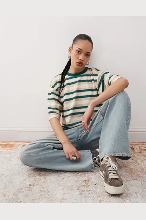 Lioness Oversized T-shirt med korte ærmer, sideslidser og grønne striber-Multifarvet