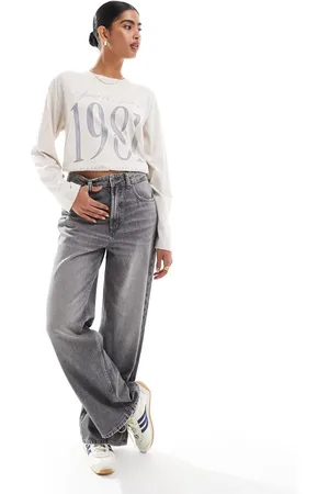 Hollister Gråbrun oversized T-shirt med lange ærmer og slogan-Neutral