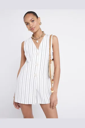 River Island Cremehvid playsuit med knapper og striber