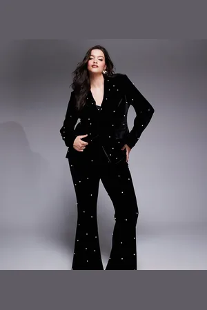 ASOS Curve - Sorte bukser med perleudsmykninger i velour - Del af sæt