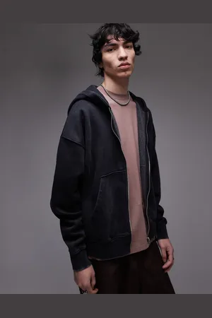 Topman Premium - Oversized hættetrøje med gennemgående lynlås i kraftigt stof i sort syrevask