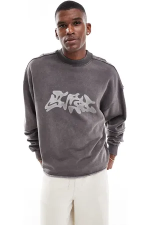 Pull&Bear Grå forvasket sweatshirt med rå kant og print foran