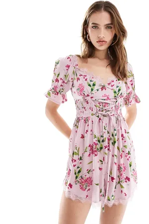 ASOS Milkmaid-playsuit med korsetdetaljer og pink blomstermønster-Multifarvet