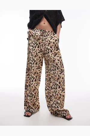 Topshop Satinbukser med lige ben og bindebånd i taljen i lyst leopardprint