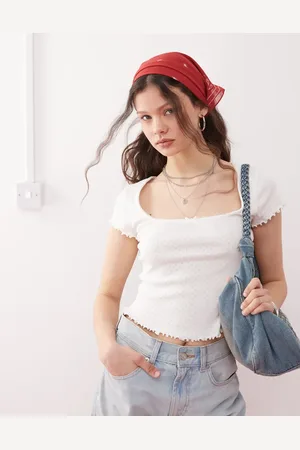 Miss Selfridge T-shirt med firkantet hals og blondedetalje i pointelle-stof-Multifarvet