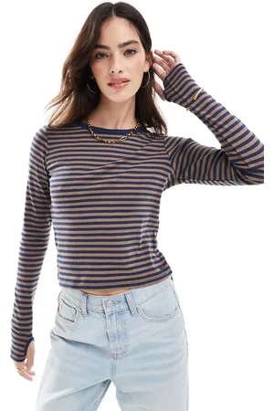 Pull&Bear Marineblå og brun top med lange ærmer og striber-Rød